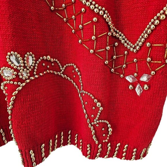 Victoria Jones Red Crewneck Sweater Womens L Gold Beading Cotton Knit 80s - Picture 3 of 9
